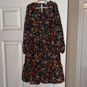 Floral Tiered Long Sleeve Dress - Navy with Rust Floral